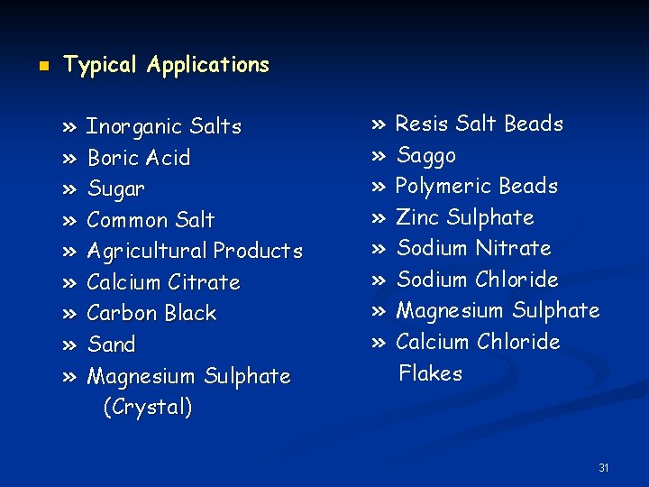 n Typical Applications » » » » » Inorganic Salts Boric Acid Sugar Common