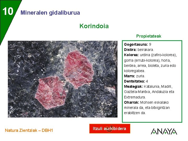 UNIDAD 10 3 Mineralen gidaliburua Korindoia Propietateak Gogortasuna: 9 Distira: beirakara. Kolorea: urdina (zafiro-kolorea),