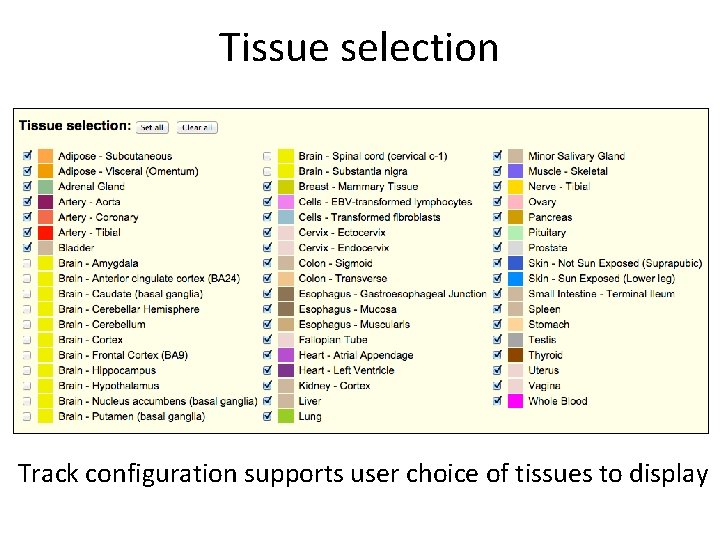 Tissue selection Track configuration supports user choice of tissues to display 