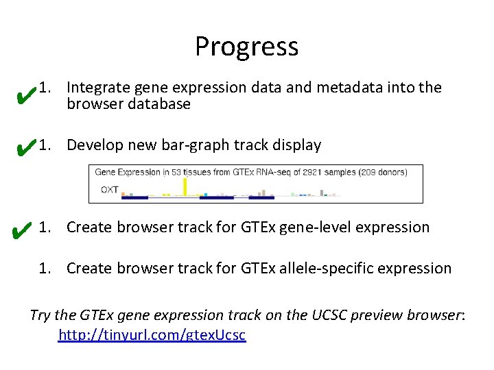 Progress 1. Integrate gene expression data and metadata into the ✔ browser database ✔