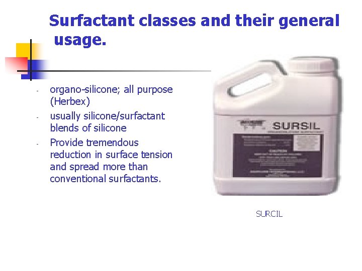 Surfactant classes and their general usage. - - - organo-silicone; all purpose (Herbex) usually