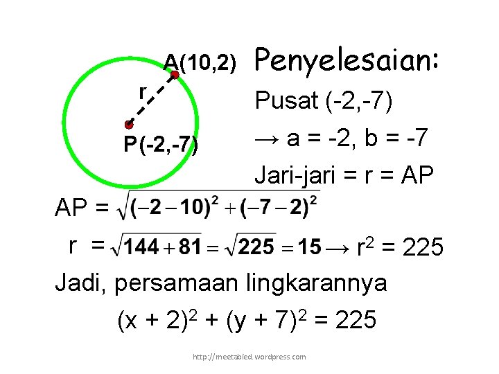 A(10, 2) r P(-2, -7) Penyelesaian: Pusat (-2, -7) → a = -2, b