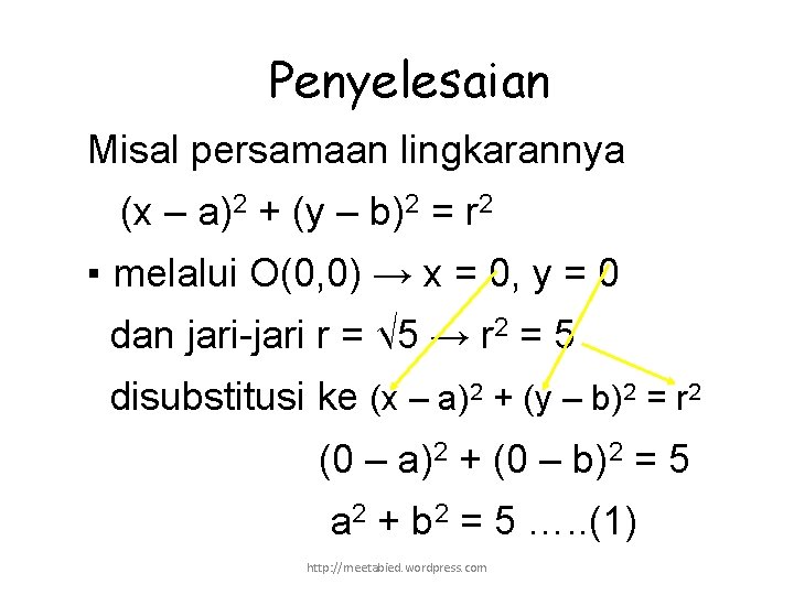 Penyelesaian Misal persamaan lingkarannya (x – a)2 + (y – b)2 = r 2