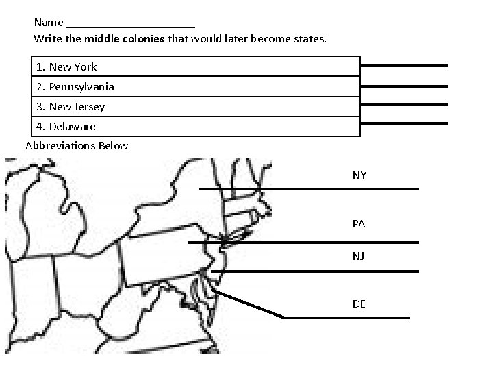 Name ___________ Write the middle colonies that would later become states. 1. New York