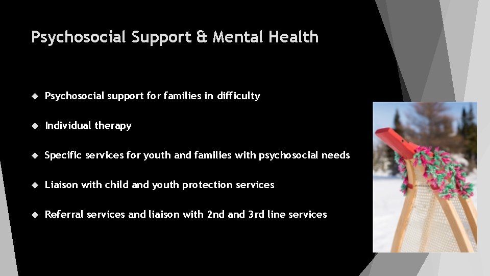 Psychosocial Support & Mental Health Psychosocial support for families in difficulty Individual therapy Specific