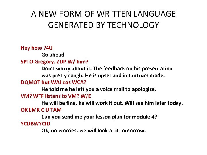 A NEW FORM OF WRITTEN LANGUAGE GENERATED BY TECHNOLOGY Hey boss ? 4 U