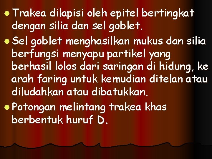 l Trakea dilapisi oleh epitel bertingkat dengan silia dan sel goblet. l Sel goblet