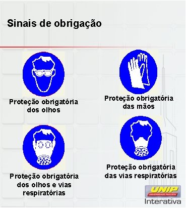 Sinais de obrigação Proteção obrigatória dos olhos e vias respiratórias Proteção obrigatória das mãos