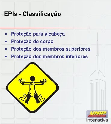 EPIs - Classificação § Proteção para a cabeça § Proteção do corpo § Proteção