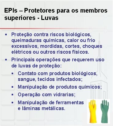 EPIs – Protetores para os membros superiores - Luvas § Proteção contra riscos biológicos,