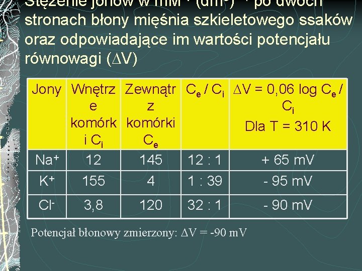 Stężenie jonów w m. M · (dm 3) – 1 po dwóch stronach błony