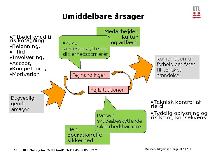 Umiddelbare årsager • Tilbøjelighed til risikotagning • Belønning, • Tillid, • Involvering, • Accept,