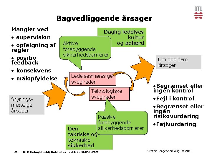 Bagvedliggende årsager Mangler ved Daglig ledelses kultur og adfærd • supervision • opfølgning af