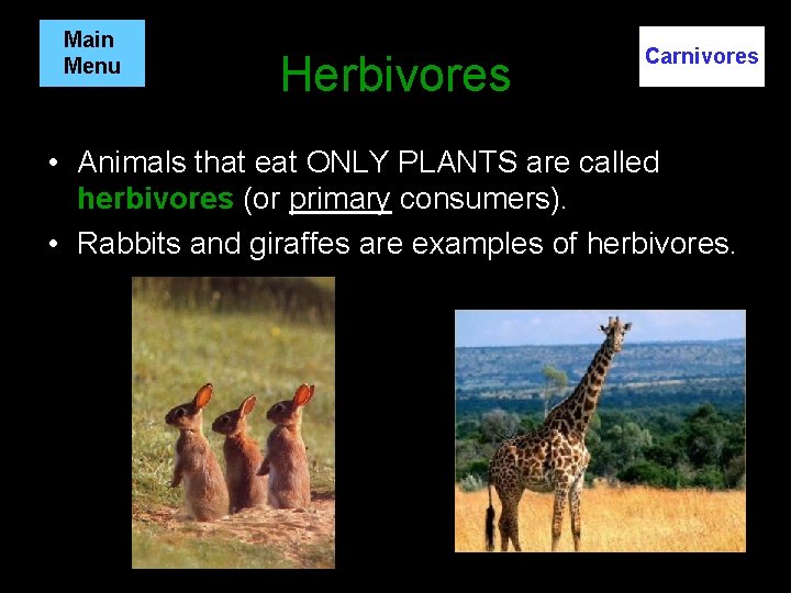 Main Menu Herbivores Carnivores • Animals that eat ONLY PLANTS are called herbivores (or