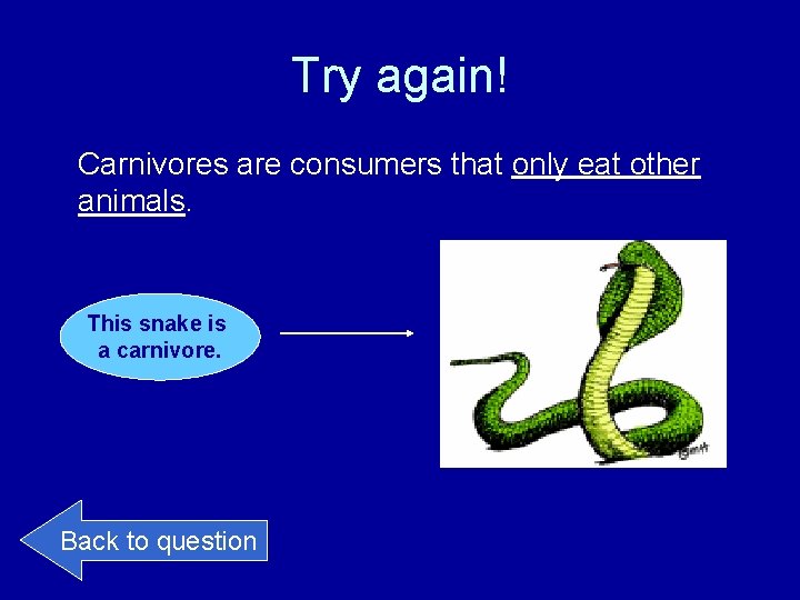 Try again! Carnivores are consumers that only eat other animals. This snake is a