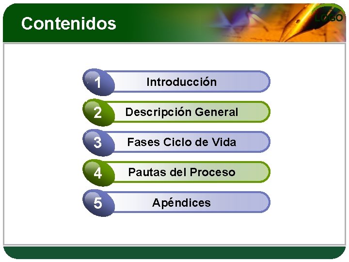 LOGO Contenidos 1 Introducción 2 Descripción General 3 Fases Ciclo de Vida 4 Pautas