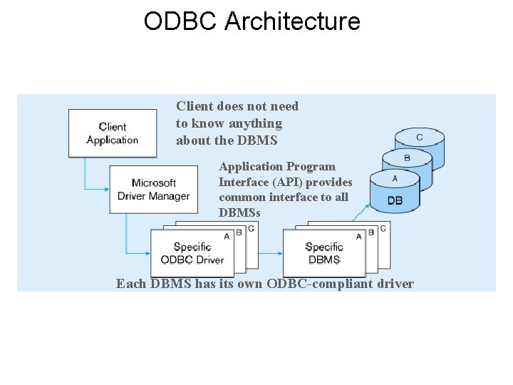 ODBC Architecture Client does not need to know anything about the DBMS Application Program