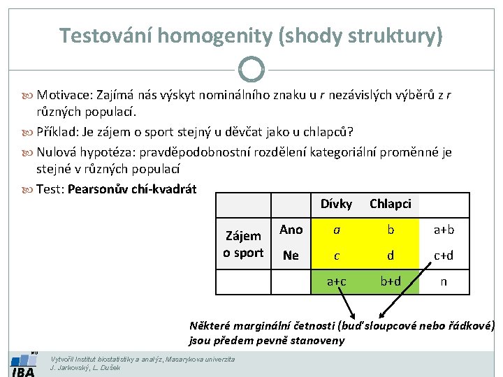 Testování homogenity (shody struktury) Motivace: Zajímá nás výskyt nominálního znaku u r nezávislých výběrů