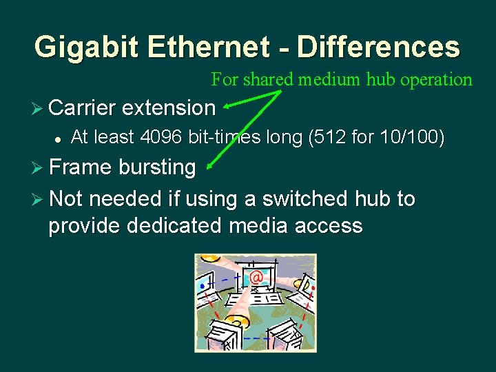 Gigabit Ethernet - Differences For shared medium hub operation Ø Carrier extension l At