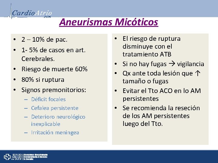 Aneurismas Micóticos • 2 – 10% de pac. • 1 - 5% de casos