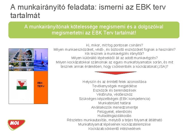 A munkairányító feladata: ismerni az EBK terv tartalmát A munkairányítónak kötelessége megismerni és a