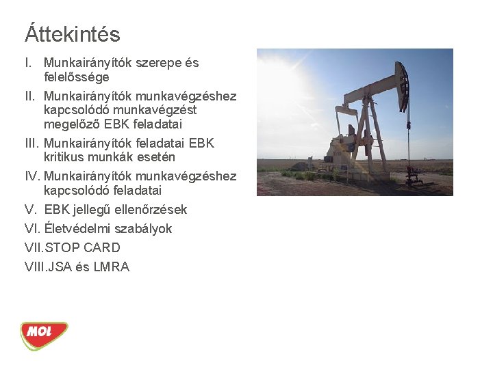 Áttekintés I. Munkairányítók szerepe és felelőssége II. Munkairányítók munkavégzéshez kapcsolódó munkavégzést megelőző EBK feladatai