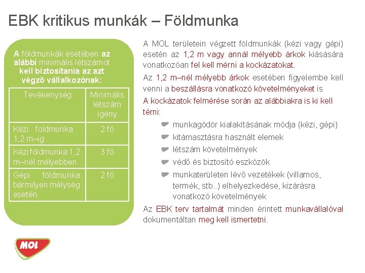 EBK kritikus munkák – Földmunka A földmunkák esetében az alábbi minimális létszámot kell biztosítania