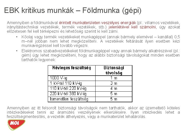 EBK kritikus munkák – Földmunka (gépi) Amennyiben a földmunkával érintett munkaterületen veszélyes energiák (pl.