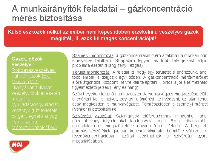 A munkairányítók feladatai – gázkoncentráció mérés biztosítása Külső eszközök nélkül az ember nem képes