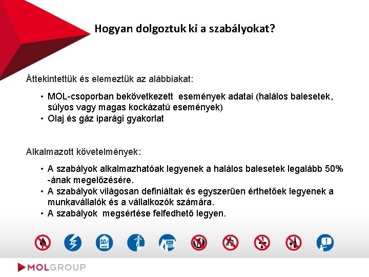 Hogyan dolgoztuk ki a szabályokat? Áttekintettük és elemeztük az alábbiakat: • MOL-csoporban bekövetkezett események