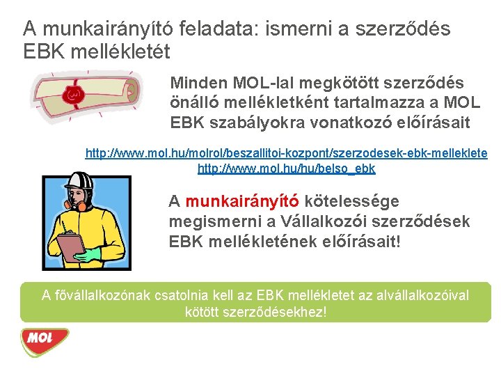 A munkairányító feladata: ismerni a szerződés EBK mellékletét Minden MOL-lal megkötött szerződés önálló mellékletként