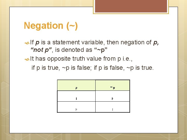 Negation (~) If p is a statement variable, then negation of p, “not p”,