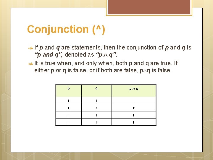 Conjunction (^) If p and q are statements, then the conjunction of p and