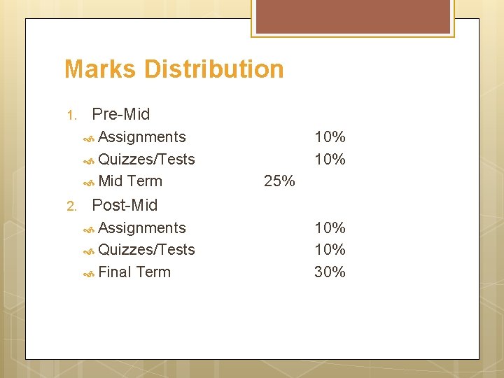 Marks Distribution 1. Pre-Mid Assignments 10% Quizzes/Tests Mid Term 2. 25% Post-Mid Assignments Quizzes/Tests
