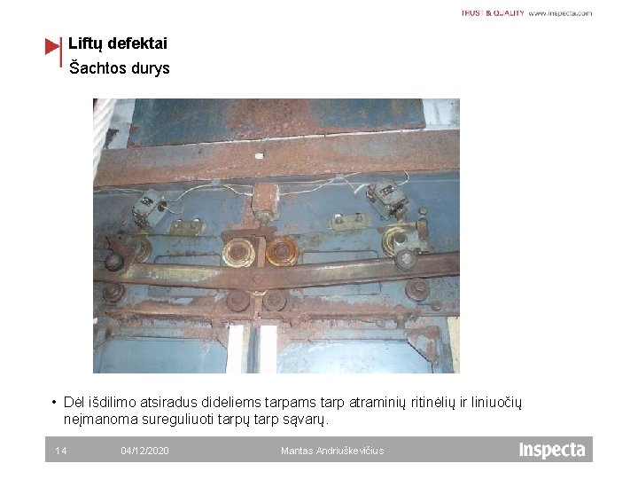 Liftų defektai Šachtos durys • Dėl išdilimo atsiradus dideliems tarpams tarp atraminių ritinėlių ir