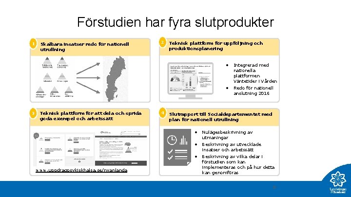 Förstudien har fyra slutprodukter 1 3 Skalbara insatser redo för nationell utrullning Teknisk plattform