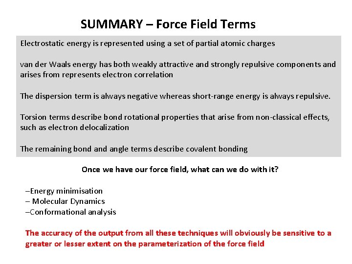 SUMMARY – Force Field Terms Electrostatic energy is represented using a set of partial