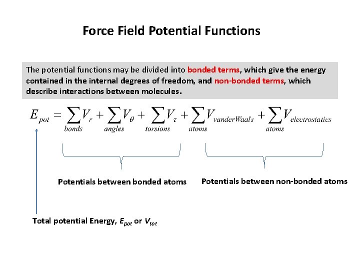 Force Field Potential Functions The potential functions may be divided into bonded terms, which