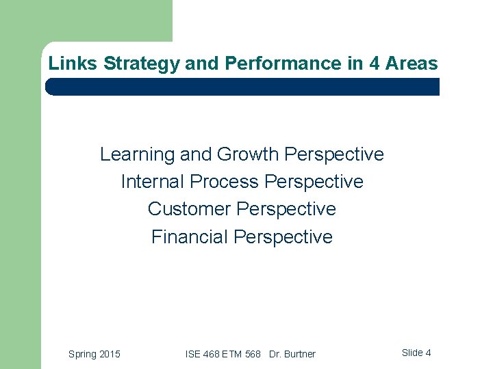 Links Strategy and Performance in 4 Areas Learning and Growth Perspective Internal Process Perspective
