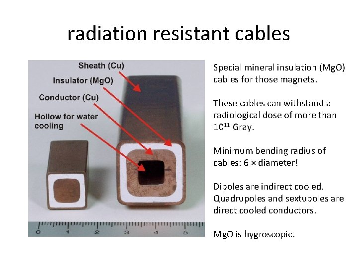 radiation resistant cables Special mineral insulation (Mg. O) cables for those magnets. These cables