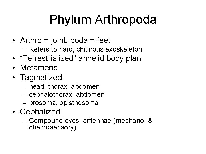 Phylum Arthropoda • Arthro = joint, poda = feet – Refers to hard, chitinous