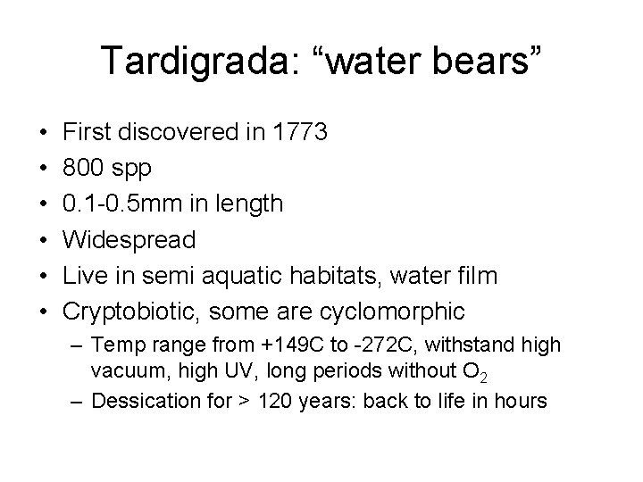 Tardigrada: “water bears” • • • First discovered in 1773 800 spp 0. 1