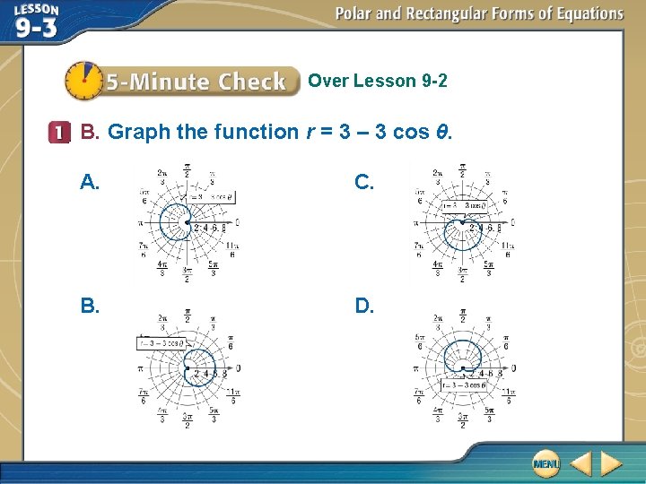 Over Lesson 9 -2 B. Graph the function r = 3 – 3 cos