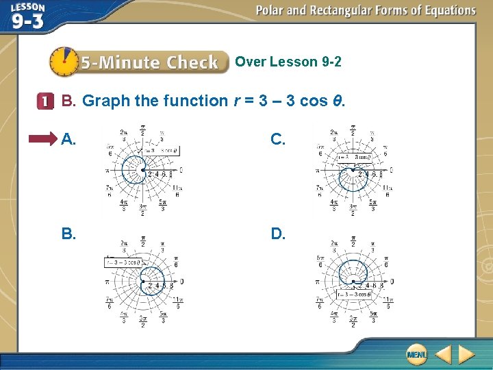 Over Lesson 9 -2 B. Graph the function r = 3 – 3 cos