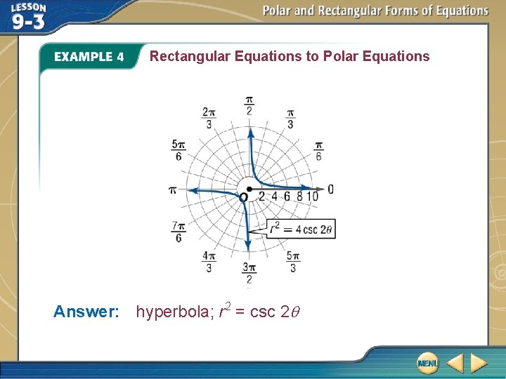 Rectangular Equations to Polar Equations Answer: hyperbola; r 2 = csc 2 