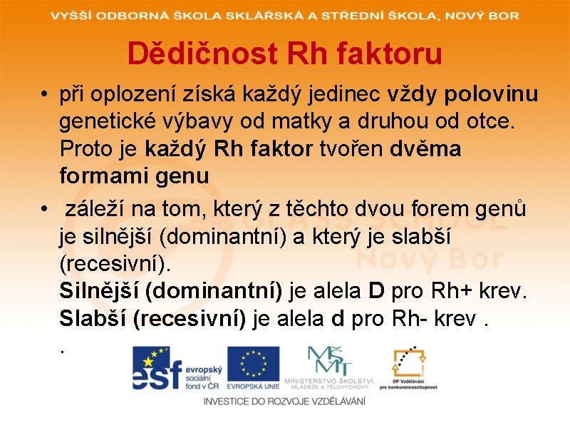 Dědičnost Rh faktoru • při oplození získá každý jedinec vždy polovinu genetické výbavy od Dědičnost Rh faktoru • při oplození získá každý jedinec vždy polovinu genetické výbavy od
