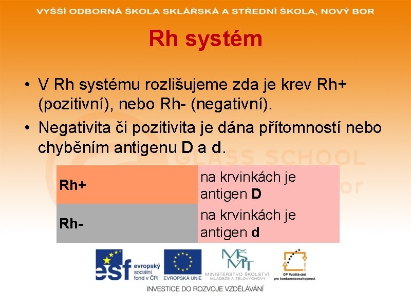 Rh systém • V Rh systému rozlišujeme zda je krev Rh+ (pozitivní), nebo Rh- Rh systém • V Rh systému rozlišujeme zda je krev Rh+ (pozitivní), nebo Rh-