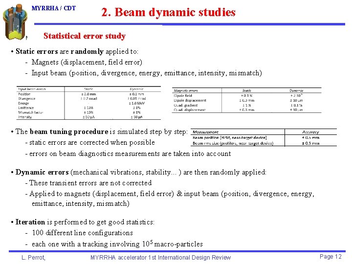 MYRRHA / CDT 2. Beam dynamic studies Statistical error study • Static errors are