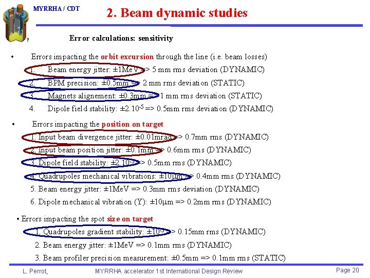 MYRRHA / CDT 2. Beam dynamic studies Error calculations: sensitivity • • Errors impacting