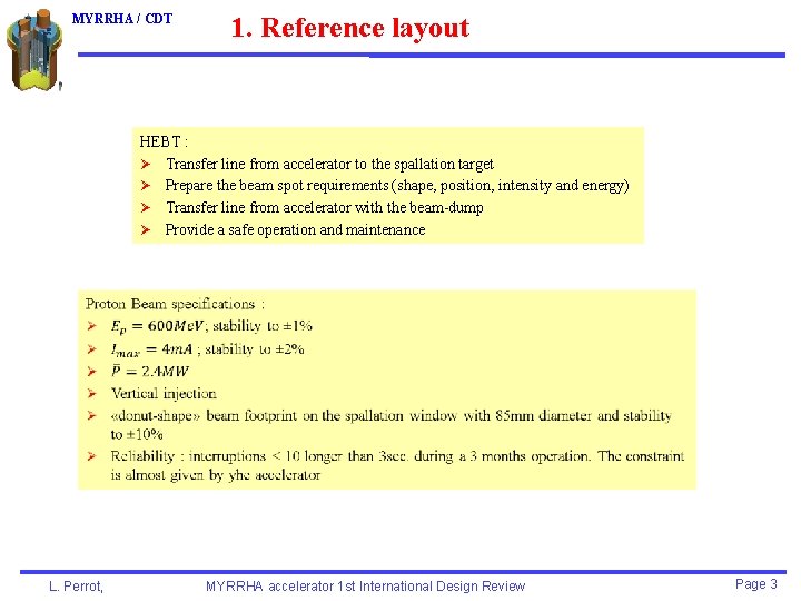 MYRRHA / CDT 1. Reference layout HEBT : Ø Transfer line from accelerator to